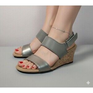 Clarks Collection Wedge Sandals Womens 8 Metallic Sage Cork Comfort Shoes
